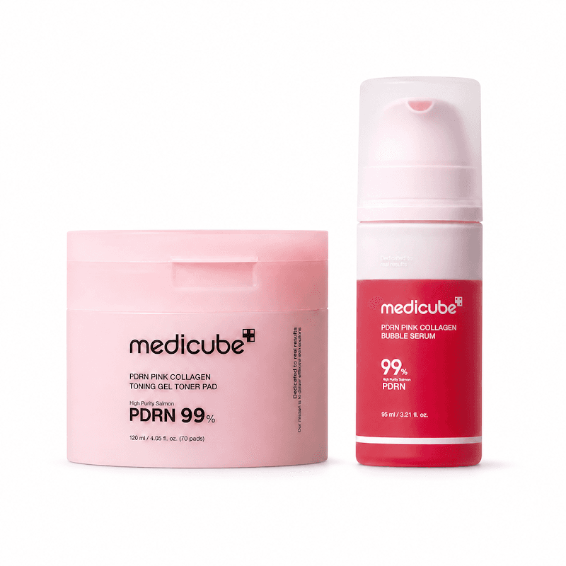 Medicube, PDRN Pink Collagen Bubble Serum + Toning Gel Toner Pad, Бабл-Сироватка з PDRN та Колагеном для Glass Skin + Тонер-Пади з PDRN та Колагеном для Сяяння